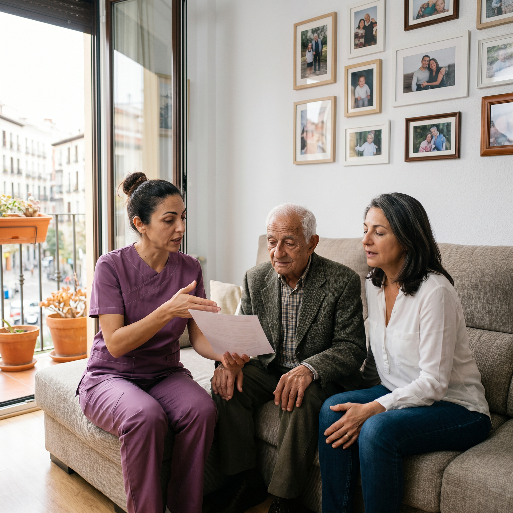 Familiar de persona con Alzheimer hablando con una profesional de Edercare sobre el plan de cuidados domiciliario personalizado