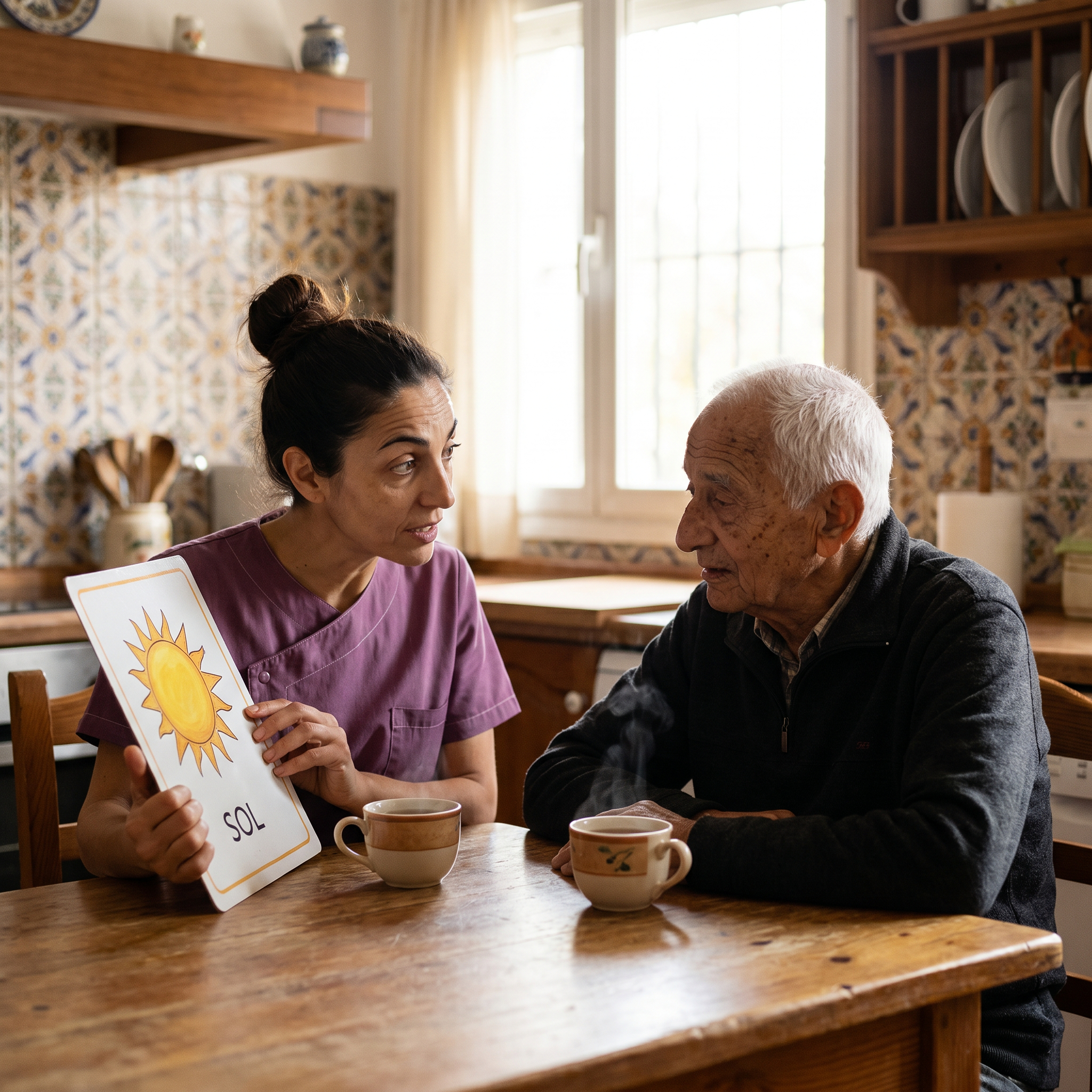 Cuidado a domicilio para personas con Alzheimer: auxiliar de Edercare realizando estimulación cognitiva con persona mayor en su hogar
